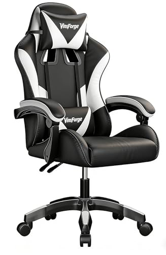 EaseZen VitaForge Fauteuil Gamer, Chaise Gaming, Chaise de Jeu Ergonomique avec Réglable en Hauteur, Support Lombaire et Appui-tête - Cuir PU, pour Le Bureau ou Le Jeu (Noir/Blanc)