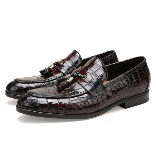 Mens Leather Tassel Shoes, Classic Formal Crocodile Printed Tassel Business Dress Shoes Party Loafers for Men