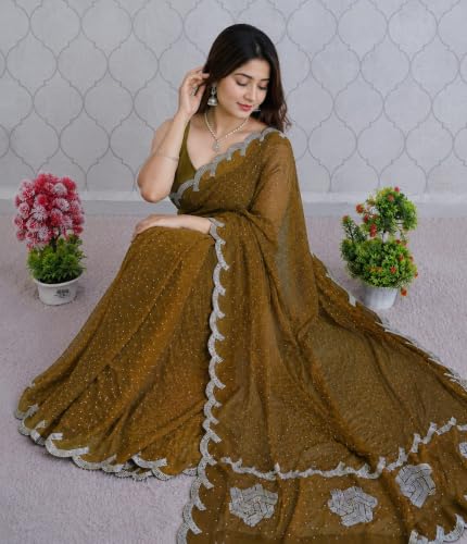 Image of Chiffon Satin Saree for Women with C Pallu PP Siroski Diamond Work, Cutwork Border & Matching Blouse Saree for Wedding, Festive and Traditional Occasions