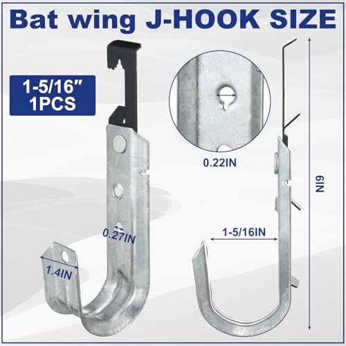 Image of Zonon 1 Pcs J Hooks for Hanging Metal J Hook Hangers Cable Support with Bat Wing Heavy Duty G60 Galvanized Steel Cable Hooks for Attaching Ceiling Wire Threaded Rod (1-5 /16 Inch)