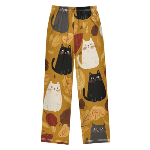 Cat Autumn Leaves Boys Long Pants Soft Trousers Elastic Waist Kids Lounge Bottoms with Pockets S-XL2