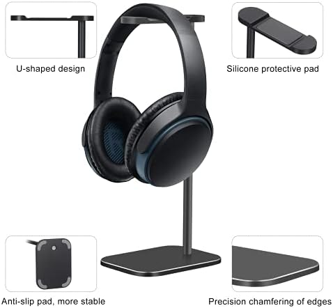 SHUOSUO Headphone Stand Aluminium, Headset Holder with Solid Base for Desk, Compatible with AirPods Max, Beats, Bose, B&O, Sony, Sennheiser, etc (Black)