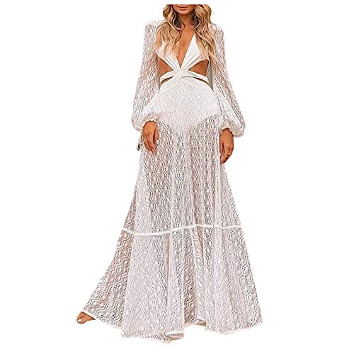 Summer Dress for Women, Women s Sexy Open Back Lantern Long Sleeve Cut Out lace Dress White Medium