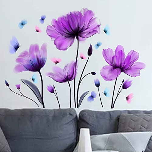 Pinenjoy Tulip Wall Decals Flower And Colorful Butterfly Wall Sticker Purple Floral Art Wall Clings 25.2X35.43Inch Removable Diy Vinyl Stickers For Living Room Bedroom Tv Sofa Background Decoration #TOP5