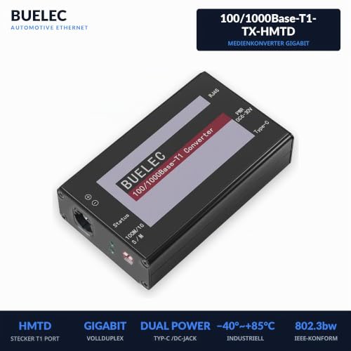 BUELEC 100/1000Base-T1-TX-HMTD Medienkonverter, HMTD Stecker RJ45 Gigabit Ethernet, Marvell 88Q2112 + Realtek RTL8211FI, Type-C 5V oder DC 6–30V, −40°~+85°C, ADAS & ECU-Prüfstandstests