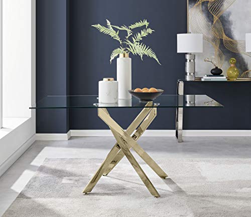 Furniturebox UK Glass Dining Table - Leonardo 6 Seater Gold Leg Rectangular Tempered Glass & Metal Modern Stylish Dining Table 150cm x 90cm