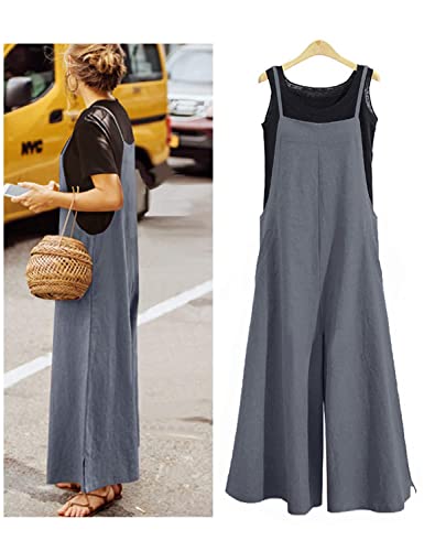 Image of YESNO Women Casual Loose Long Bib Pants Wide Leg Jumpsuits Baggy Cotton Rompers Overalls with Pockets PZZTYP2