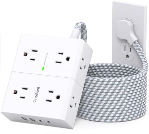 One Beat - 10 Ft Power Bars with Surge Protector, Extension Cord Indoor with 8 Outlets 4 USB Ports(2 USB C), Flat Plug Power Bar, 10 Ft Long Braided Power Cord for Home, Office, Dorm Room Essentials