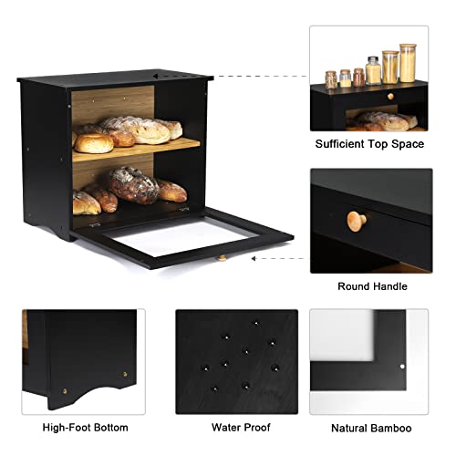 Homekoko Bamboo Double Layer Regular Bread Box, Natural Bamboo Bread Boxes For Kitchen Counter, Bamboo Capacity Food Storage (Black) #TOP5