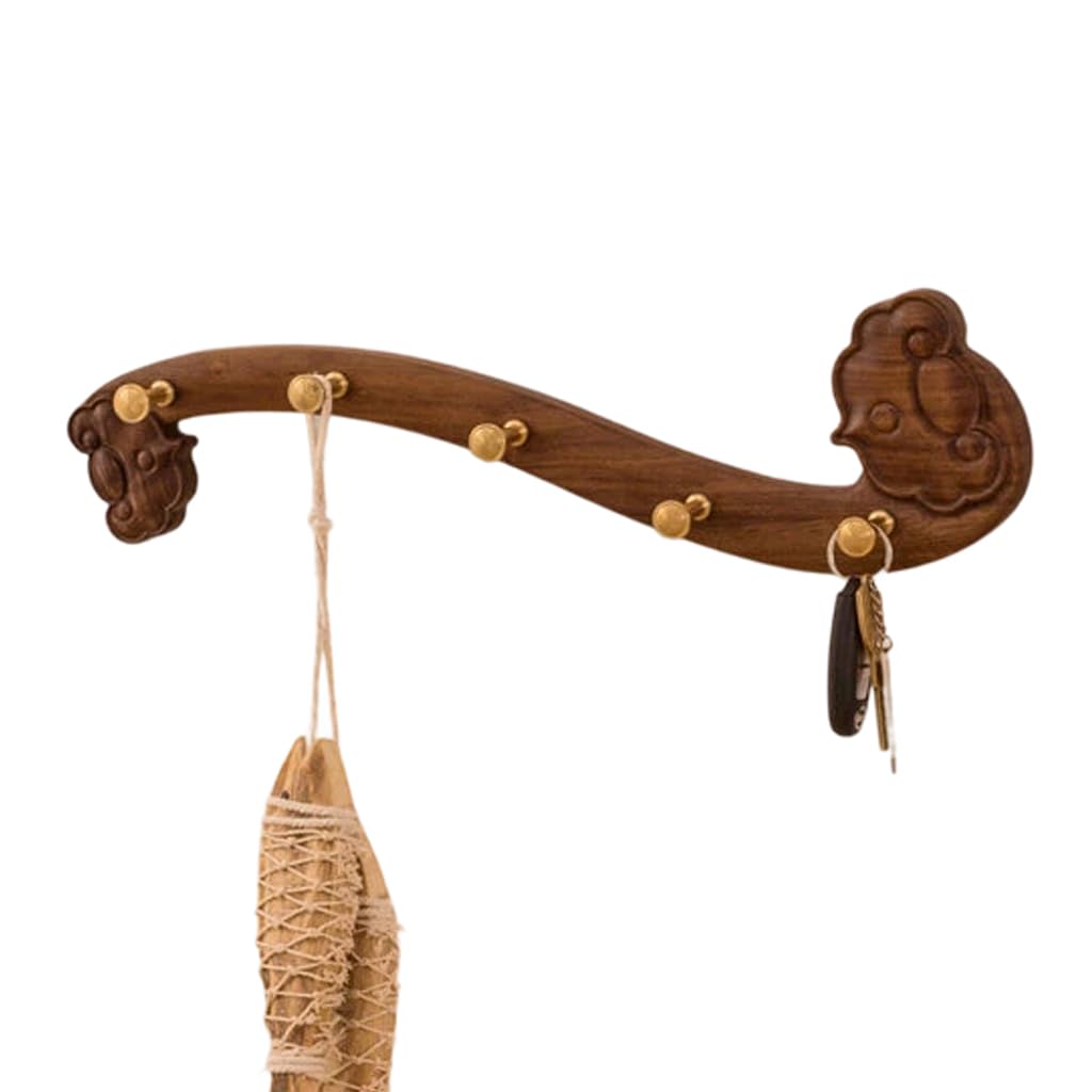 Qpkz Brown Walnut Wood Coat Rack Wall Mount Decor, Chinoiserie Ruyi Shape Wooden Wall Hooks Entryway Hanging Rack Coat Hooks Rail Clothes Towel Racks With Brass Hook For Coat, Bag 5Hook