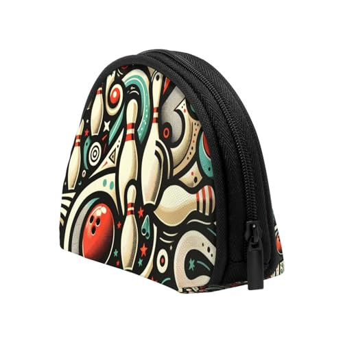 Portable Coin Pocket Wallets Bowling-Doodle-Pattern Mini Zippered Money Pouch Card Holder4