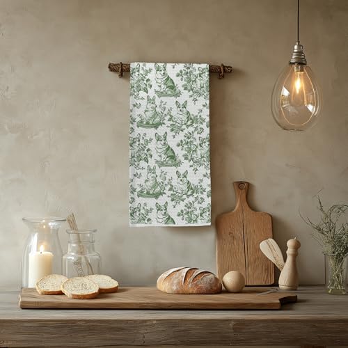 Image of Chinoiserie Corgi Dog Kitchen Towels, Gifts for Corgi Lovers Dish Tea Towels for Kitchen Decor, Grandmillennial Toile de Jouy Dog Decorative Hand Towels for Bathroom, 16x24 Inch(Green)