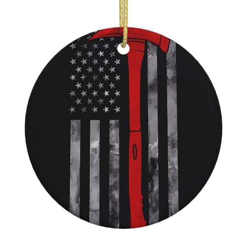 Firefighter Axe Red Line Flag Print Christmas Tree Ceramic Hanging Ornament – Round Festivals Xmas Party Decor with Gold Rope