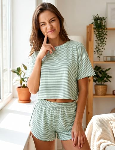 Image of Split Short Pajama Set Women's Striped Pjs with Sleeve Tee & Elastic Waist | Split-Leg Shorts Design, Soft Striped 2-Piece Lounge Set, Breathable Comfy, Travel, or Cozy Days At Home, Summer Vibes