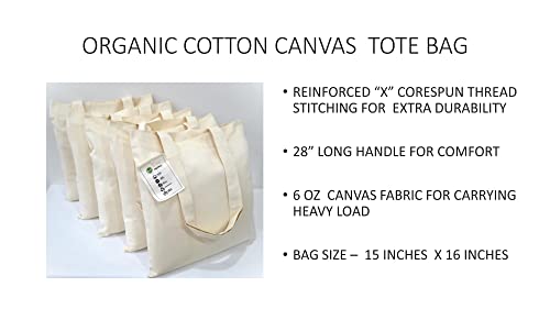 5 PACK 100% ORGANIC COTTON NATURAL FABRIC TOTE BAGS, 15x16 Inch GOTS CERTIFIED, ECONOMIC, REUSABLE, WASHABLE, SUSTAINABLE, ENVIRONMENT FRIENDLY3