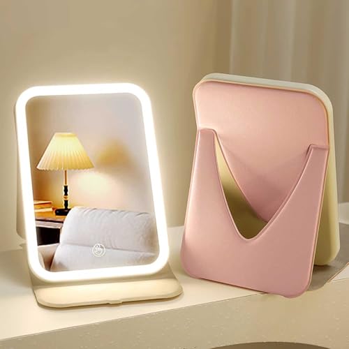LED Folding Cosmetic Mirror Portable Desktop Illuminated Mirror Changeable Colors Dimmable Brightness Memory Function for LivingRoom Bedroom Entryway Room(Pink)