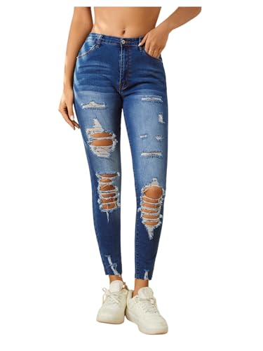 Floerns Women's Cut Out Ripped Jeans Raw Hem High Waist Skinny Denim Pants Blue S