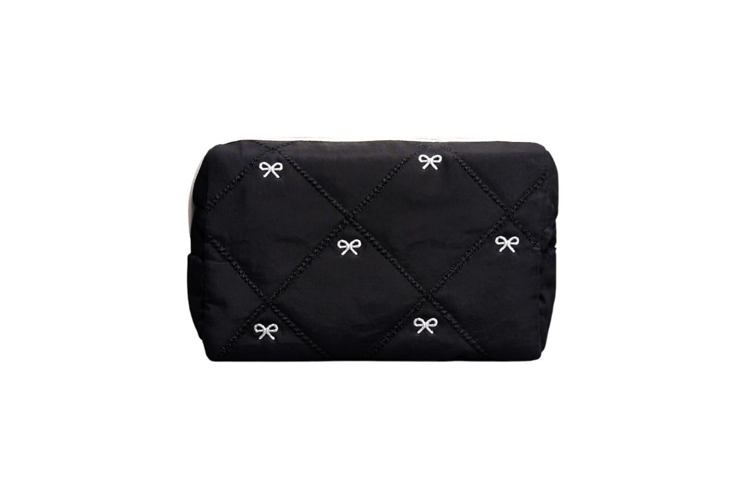 Premium Quilted Travel Pouch for Women, Mustard Yellow with Embroidered Bow Design, Fabric Cosmetic Organizer, 25x25x15 cm (Black)-picture-11