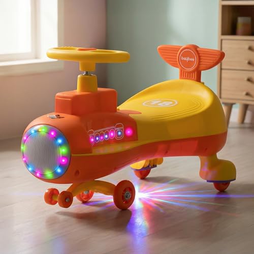 Image of Baybee Zygo Swing Car for Kids | Twister Push Ride on Baby Car with RGB Light & Music | Magic Car for Kid with 360 Steering & Backrest | Kids Car for 2-5 Years Boy Girl (Yellow)