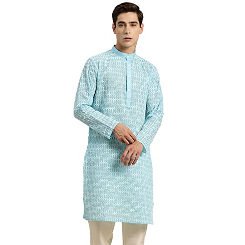 Image of SOJANYA (Since 1958, Men's Pure Cotton Blue Kurta with White Embroidery
