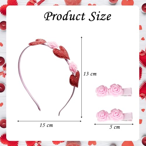 1 Pcs Valentines Day Glitter Red Heart Pink Rose Headband 1 Pair Rose Hair Clips Glitter Love Hearts