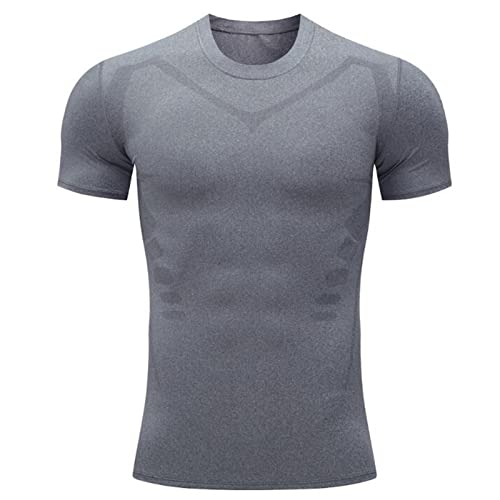 Camiseta deportiva de manga corta para hombre, color negro, corte ajustado, monocolor, cuello redondo, camiseta de compresión, base de capa, atlética, entrenamiento, camiseta sin vientre, gris, S