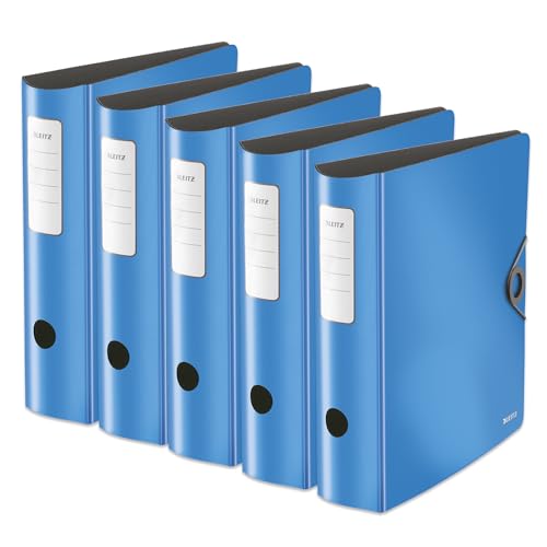 Leitz Qualitäts-Ordner 180° Active Solid, 5er Pack, A4, Breit, Abgerundeter Rücken, 8,2 cm breit, Gummibandverschluss, Leichtes Polyfoam, Plastik-Ordner, Hellblau, 10471030
