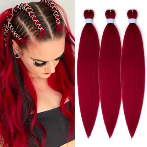 Siphis Red Braiding Hair Pre Stretched 26 Inch 3 Packs Pre-stretched Braiding Hair Braid Synthetic Hair Extensions for Crochet Box Braids.(26 Inch 3 Packs Red)