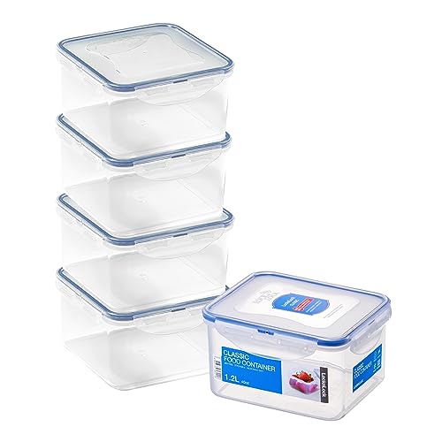 LocknLock Square Food Containers with Lids Set of 5 - Plastic Airtight & Watertight Food Storage Containers, BPA Free & Dishwasher Safe, 5 x 1.2L