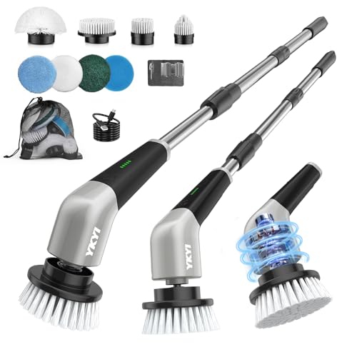 YKYI Electric Spin Scrubber Cordless Power Scrubber Cleaning Tool with 8 Replaceable Heads and Extension Handle for Bathroom Tub Tile Floor Grout and Car (Gray)