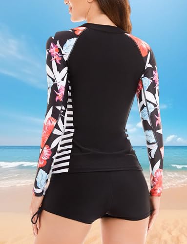 SEAUR Women Rash Guard Set Two Piece Long Sleeve Zipper Swimsuit with Boyshorts UV Sun Protection Bathing Suit2