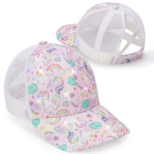 Yseoul Girls Glitter Baseball Cap Criss Cross Hat, Girl Ponytail Hat - Kids Baseball Cap with High Bun Messy Ponytail (Ages 5-15)