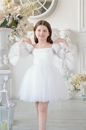 LalaMira Flower Girl Dress Puff Sleeve & Knee-Length Girl Dresses Tulle/Satin Tutu Dress for Wedding Birthday Party Daily