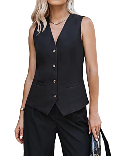 Hotouch Womens Vest Fully Lined Casual Dressy Waistcoat Regular Fitted 4 Button Dress Vests Black L #TOP8