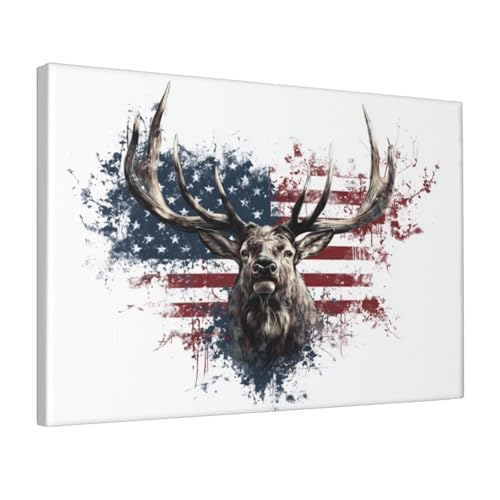 Lienzo decorativo premium con majestuoso alce y bandera de EE. UU. enmarcado