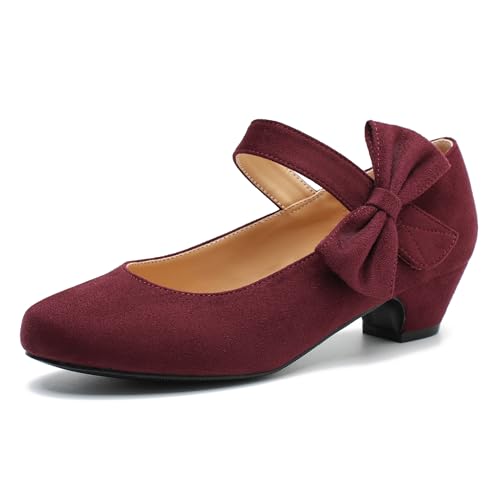 Peijely Women's Bow Mary Jane Dress Pumps, Low Block Heel with Bow, Side Bowknot, Round Toe Wedding Shoes Burgundy Suede 44 - US 11.5 by Peijely - Used condition - US$35.34