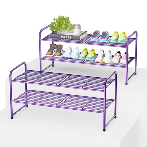 Image of 2 Pack Shoe Rack, 2-Tier Metal Stackable Shoe Shelf Storage Organizer, Heavy Duty Wire Shoe Stand for Entryway, Closet, Hallway, Holds 50 LBS, Purple