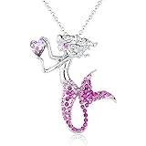 luomart Fashion Mermaid Birthstone Necklace Jewelry White Gold Plated Austrian Crystal Magic Pendant Gift (Pink)