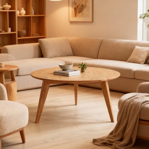 Vadisun 100% Solid Oak Wood Mini Coffee Table, Round Side