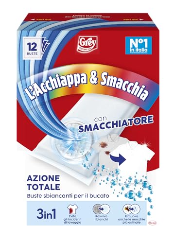 Grey L'Acchiappa & Smacchia 3in1, Buste Sbiancanti per il Bucato, Buste Cattura Colore e Sbiancanti, Con Smacchiatore, Confezione da 12 Buste