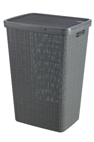 CURVER Jute Laundry Box 58 L - Dirty Laundry Bin with Lid - Good Ventilation - Ergonomic Handles - for Bathroom or Laundry Room - 70% Recycled - 43 x 34 x 58.2 cm - Grey