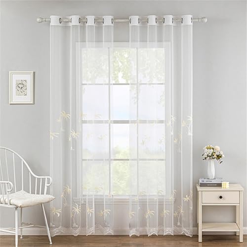 Odot Cortinas de Translucidas Salon, Bordado Árbol de Coco Palmera Cortinas de Visillo para Ventanas 2 Piezas Cortina Ventana con Ojales Cortina Moderna para Dormitorio Comedor (140x245cm,Beige)