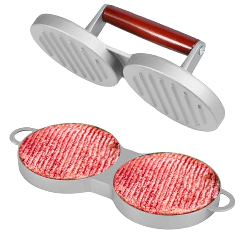 NIHUIFDPY Prensa de hamburguesas doble 2 en 1 de aleación de aluminio para hacer hamburguesas con mango de madera, molde doble antiadherente para cocina, parrilla, barbacoa
