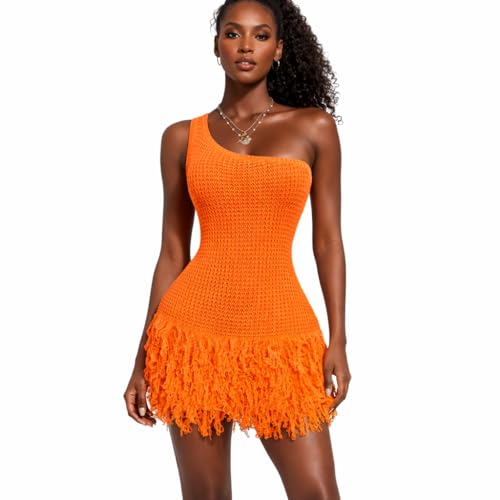 Cromiyumel Women One Shoulder Crochet Knit Mini Dress Fringe Hem