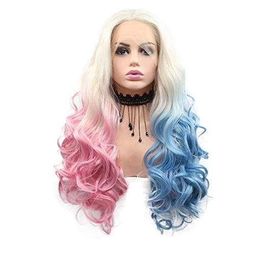 xiweiya Long White Blonde to Half Blue Pink Wigs Body Wave Mixed Piano color Glueless 13X3 Lace Wig Natural Hairline Synthetic Multi-color Lace Front Wigs Heat Resistant Fiber Hair for Women 24inch - Image 2