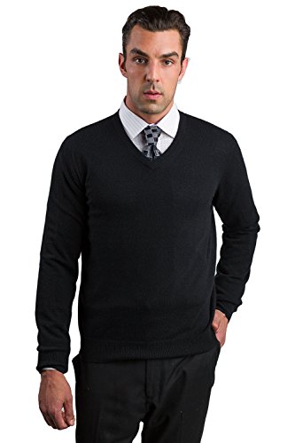JENNIE LIU Men's 100% Pure Cashmere Long Sleeve Pullover V Neck Sweater (XXL, Black)
