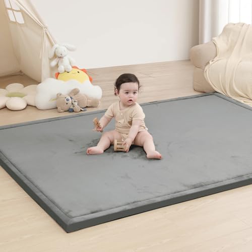 Image of Baby Play Mat for Floor,1.3" Thick Memory foam Tummy Time Mat,Water Repellent Soft Velvet Nursery Rug,Extra Large Non Slip for Crawling,Toddlers,Infants,kids,Tatami Style for Living Room(Dark Grey)