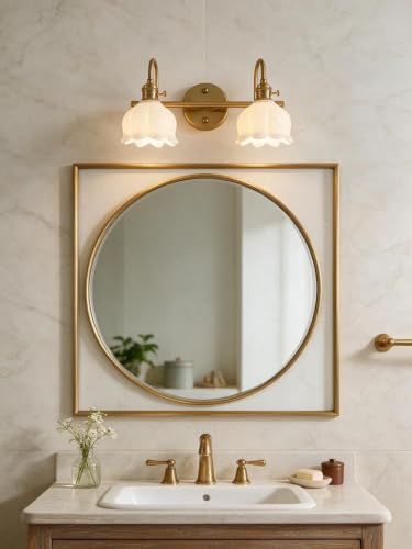 Image of Bathroom Light Fixtures, 3-Light Brass Vanity Wall Light with Amber Tulip Glass Shades, Vintage Wall Sconce Over Mirror for Bathroom, Bedroom, Living Room (Bulbs Not Included) (White, 2-Light)