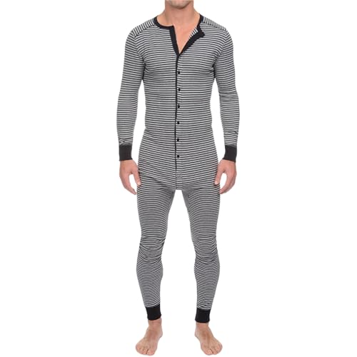 Men’S One Piece Pajamas Long Sleeve Comfy Jumpsuit Stripped Henley Button Onesie Romper Lounge Sleepwear Garment