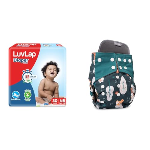 Image of LuvLap Pant Style Baby Diapers, New Born /X-Small (NB /XS), 30 Count And Reusable Bamboo Charcoal Baby Cloth Diaper Pack Of 1
